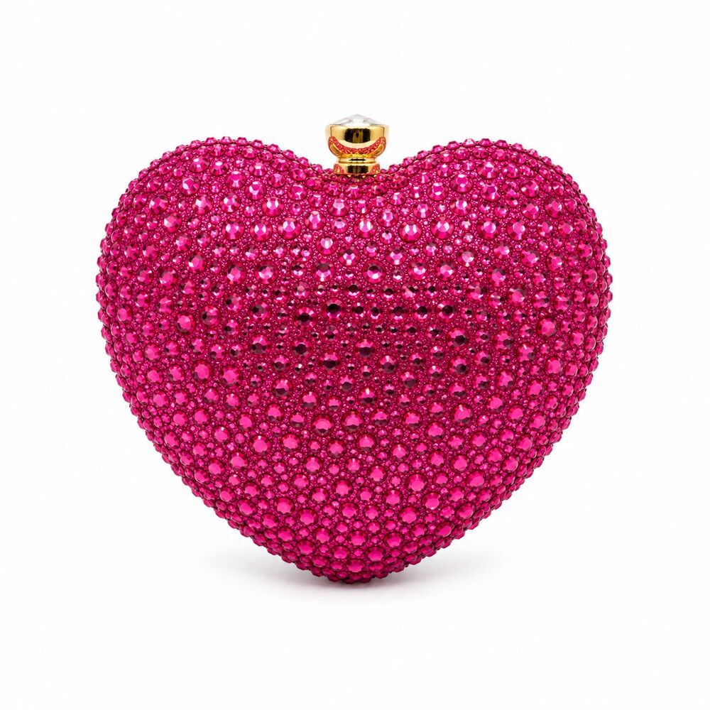 Hot Pink Crystal Heart Clutch Bag Gold Handle Formal Evening Cocktail Purse NEW